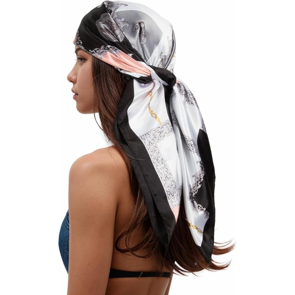 Women's  Black/Pink Head Scarf Like Silk Printed Square Hair Bandanas 35 Inches